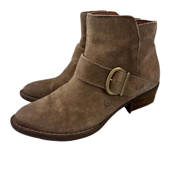 Born Womens Size 8M Taupe Brown Baloy Ankle Boots Suede Side Buckle Block Heel - Picture 1 of 8